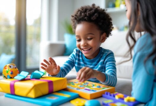 Farverig gaveæske med legetøj og spil til en 9-årig dreng eller pige.